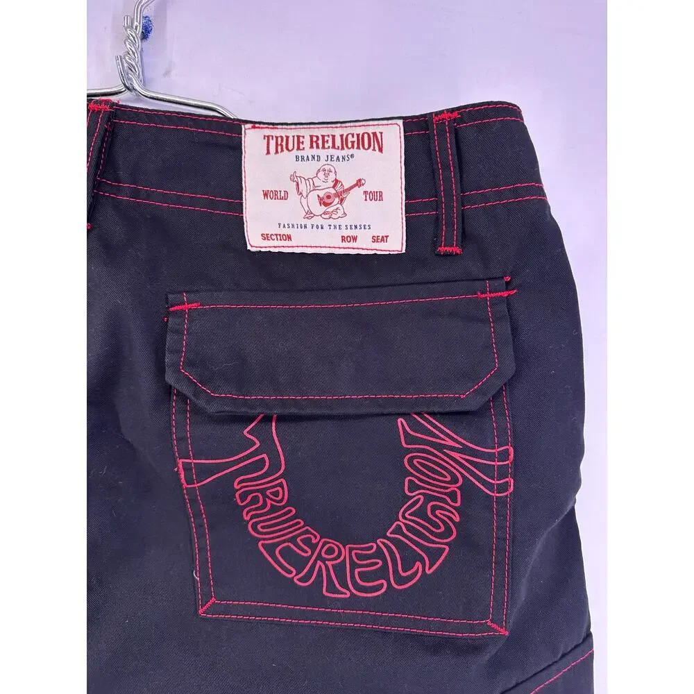 True Religion Jet Black Cargo Jeans Red Accents Size 32